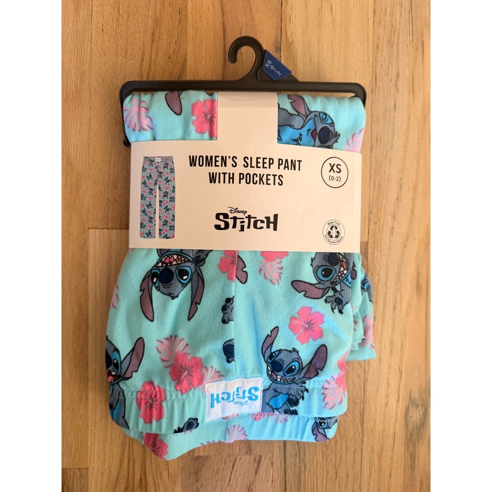 NWT Disney Stitch Women's Sleep Pants Pockets XS Bright Aqua Tropical Hibiscus